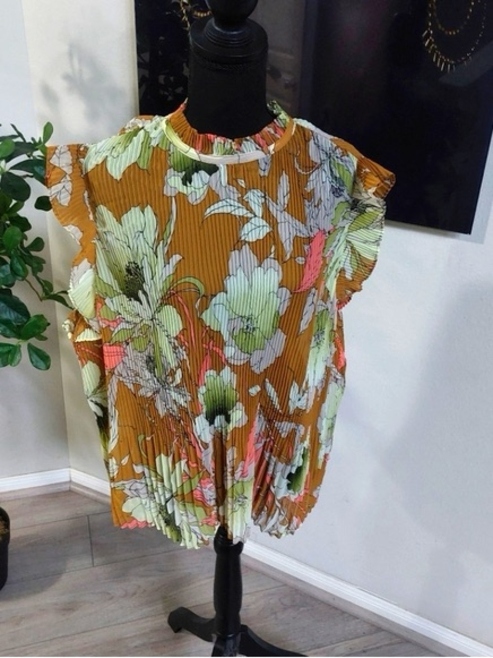 Floral Pleated Ruffle Sleeve Blouse - Mustard